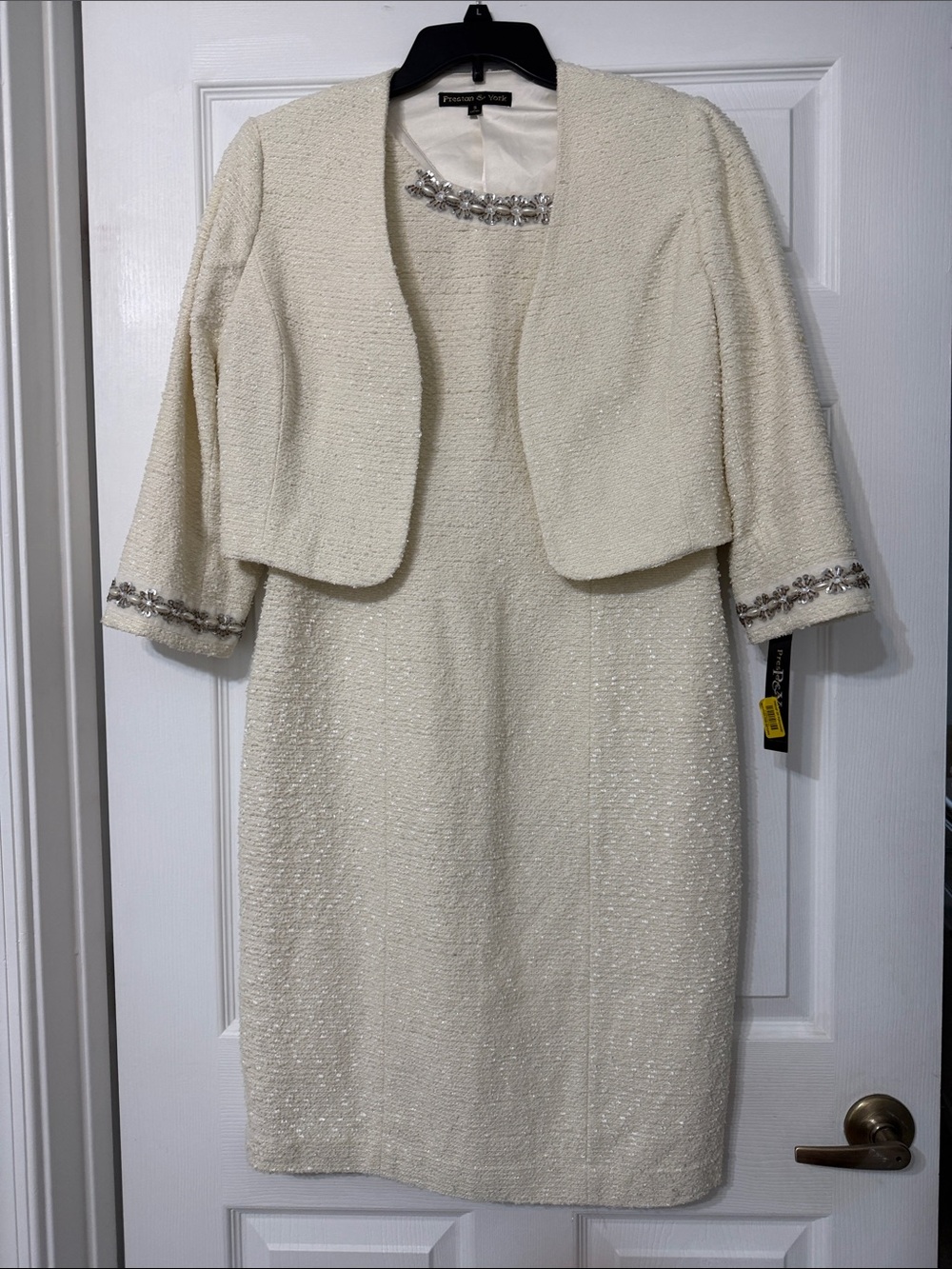 Preston & York Ivory Beaded Tweed Dress with Jewel Trim